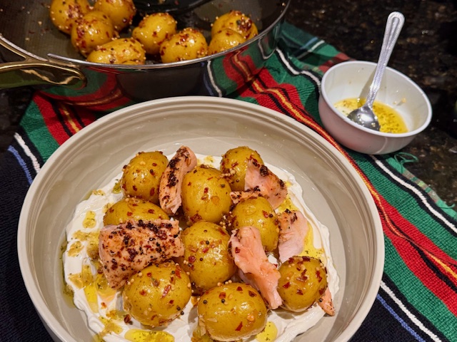 Spiced potatoes, flaked salmon, labneh with preserved lemon oil dressing